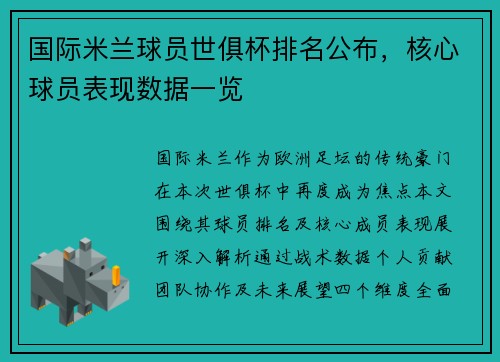 国际米兰球员世俱杯排名公布，核心球员表现数据一览